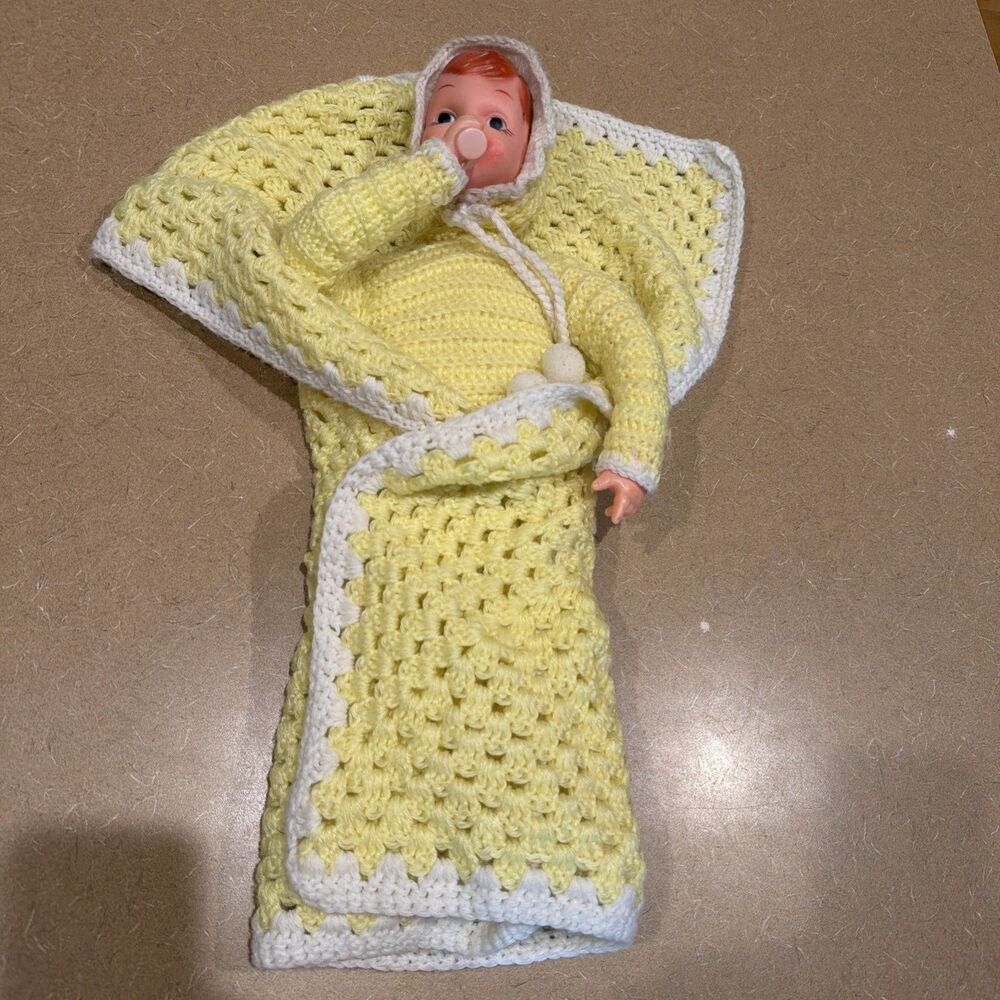 Vtg Doll Toy HANDMADE CROCHET BLANKET ATTACHED BABY Red Hair Blue Eyes w/ BOTTLE